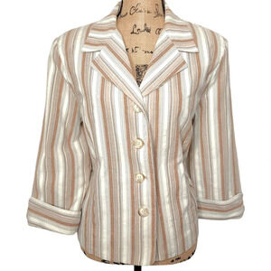 Dressbarn Womens Striped Linen Lightweight Lined Blazer Size Large Cream